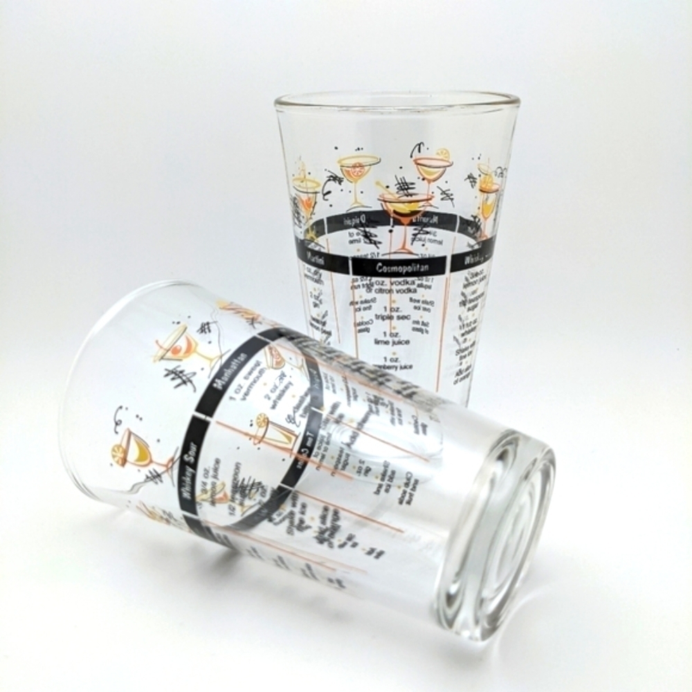 Vintage Cocktail Recipe Glasses, Set of 2 Drinking Glasses, Barware